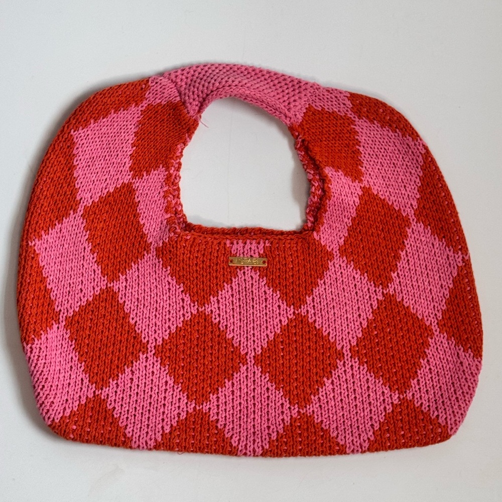 Kopari Pink and Red Argyle Knit Shoulder Bag